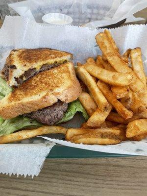 "Grilled cheeseburger ": added bacon/lettuce. Swapped regular fries for "Brew City Fries".