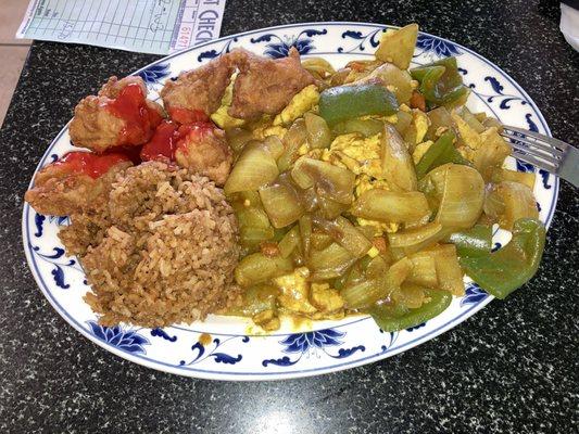 curry chicken (with sides of fried rice and sweet & sour chicken)