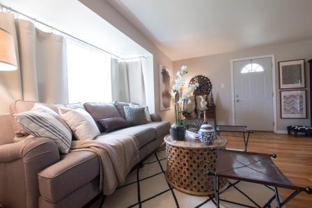 Living room on main level gets a lot of natural sunlight, and has ample room to set up couches and furniture in any way you see fit