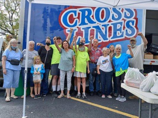 We give out free Crosslines food to 100 families and about 250 people on the first Friday, March through October.