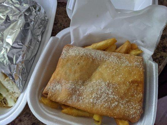 Pizza puff and fries (with lemon pepper)