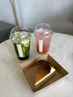 Matcha latte, Strawberry Ade, and Original Cheese Cake