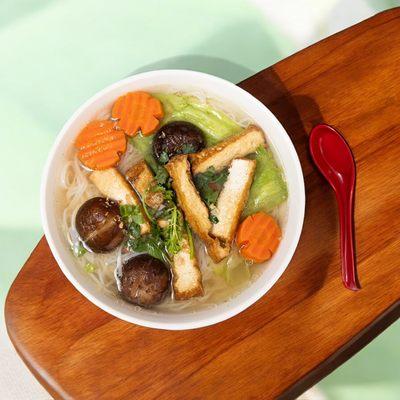 Vegan Rice Noodle Soup Bowl with Shiitake Mushroom broth