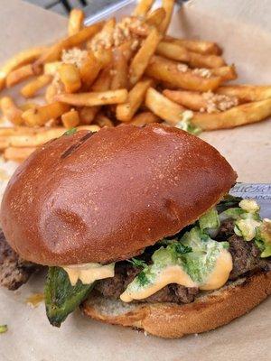 Baja California burger (burger of the month) + garlic fries