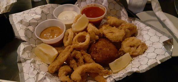 Seafood Combo Basket. Served with cornbread (not pictured) and two sides (not pictured).