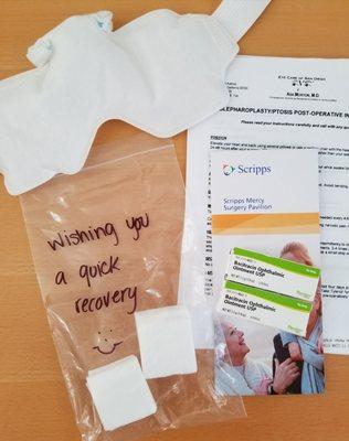 Post op homecare - gauze  with a nice little message and an ice pack for the eyes