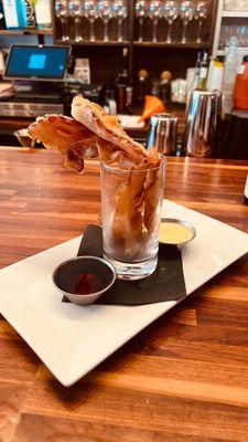 Tempura Bacon with Bourbon Hollandaise and Maple Syrup Dipping Sauces