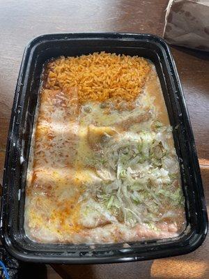 Enchilada and chili relleno combo with rice and beans