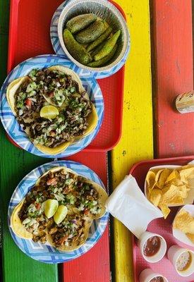 Tacos Pastor, Tacos Asada, fried serranos, fried jalapeños and chips and salsa!