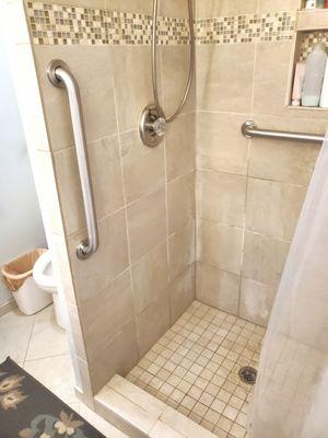 Stay safe and confident during your shower time!  Installing grab bars makes a world of difference in preventing slips.