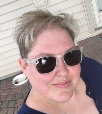 My new short 'do. Lost a lot of hair to liver disease but I look now like I actually HAVE hair. Thanks Christina!!!