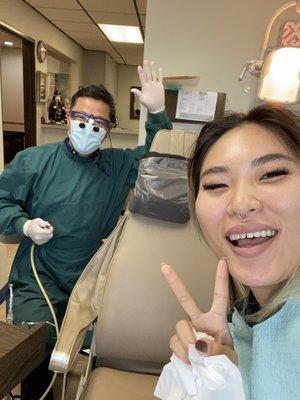 Prepping for my new crowns, totally comfortable and fully trusting this dental office!! Dr Kim (left) always coming in with the funny jokes.