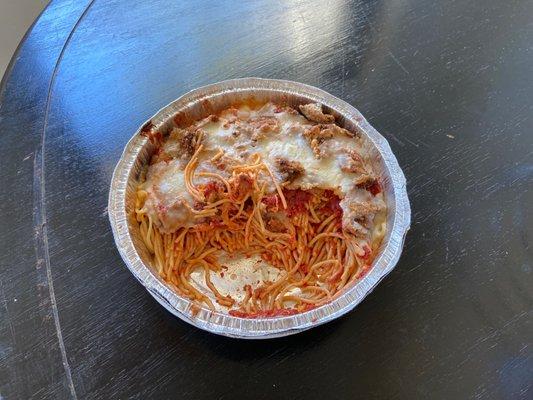 Eggplant Parmigiana Pasta with the eggplant chopped into pieces. why??