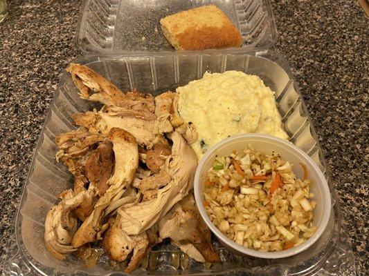 Pulled chicken plate with cheesy grits, slaw, and cornbread.