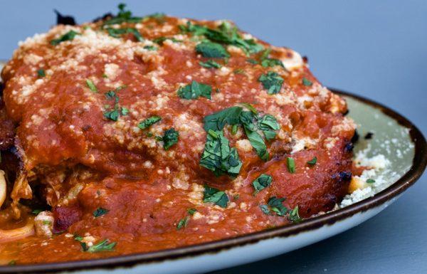 Eggplant Parmigiana. Slightly Acidic but cheesy.