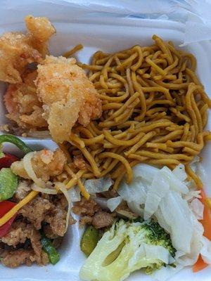 Tempora Shrimp, Pepper Chicken, Steamed Vegetables and lo-mein.