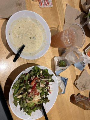 Zupas strawberry harvest salad / Claw Chowder soup. I admire good health eating