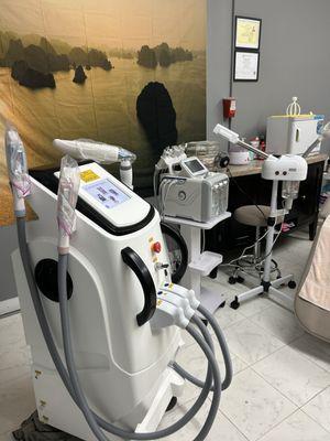 IPL laser equipment and multi-facial high tech equipment.