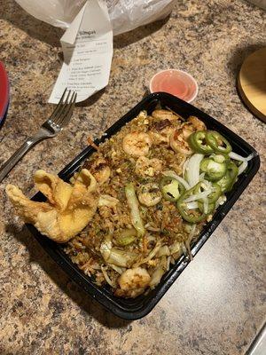 Shrimp Garlic Fried Rice, add Vegetables, Make it Spicy. Crab Rangoon