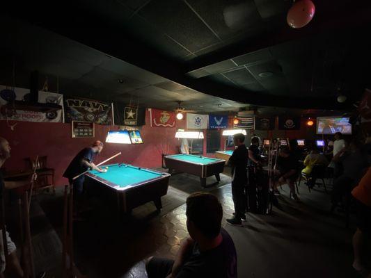 North side view of Double T's pool tables from inside the pub.