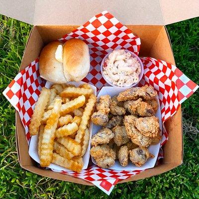 "Giblet Dinner" with Crinkle Cut Fries, Macaroni Salad, and a Fresh Hot Roll