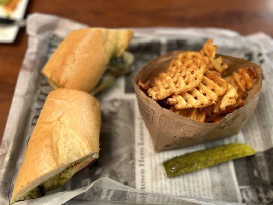 Chimichurri Steak sandwich Special with waffle fries