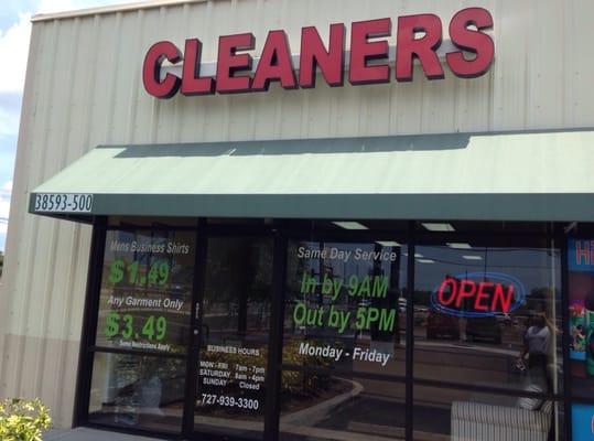 Discount Cleaners - located next to 7 Eleven on the SE corner of US Hwy 19 and Klosterman.