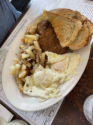 Eggs and sausage patty - hash browns how you like them