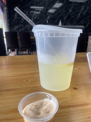 Lemonade is sweet and refreshing. The pink sauce I got with my food, it's pretty good !