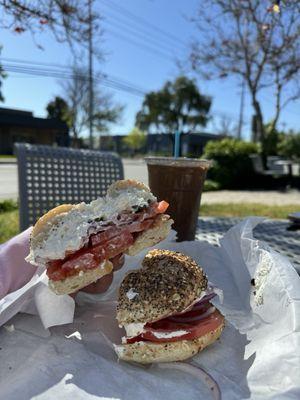 Everything Bagel with Lox, Cream Cheese, Tomato, Onion, & Capers