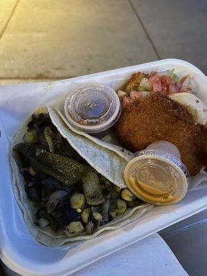 Mexican huitlacoche taco, Brazilian fritter with shrimp