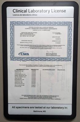 This is their Clinic Laboratory License from CMS.  Photo taken April 6, 2023.