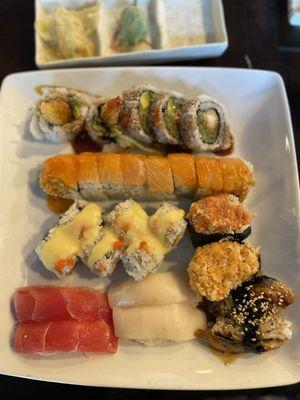 From top to bottom: American Dream Roll, Sunset Tokyo Roll, Rock Shrimp Roll, and different assortment of nigiri