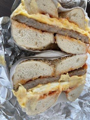 Sausage, egg, and cheese on an everything bagel