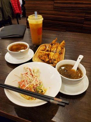 Kani Salad (Front), Miso Soup (Left), Hot and Sour Soup (Right), Soft Shell Crab Tempura (Back)