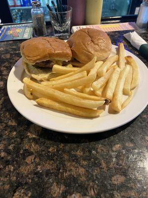 2 Wimpy Burgers with pickles, sautéed onions and cheese and a side of fries.