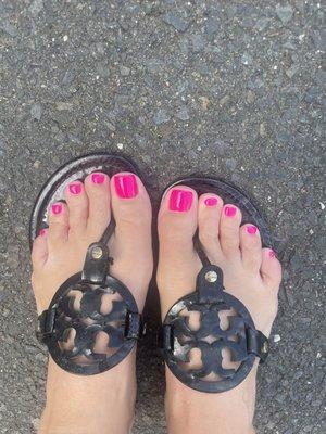 Bright pink gel pedi. This place is cute and from what I saw, all the ladies did really good work on their clients