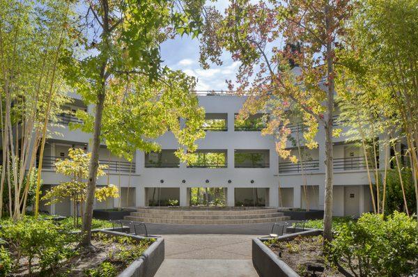 Mature trees line tranquil pathways and enclose multiple courtyard areas