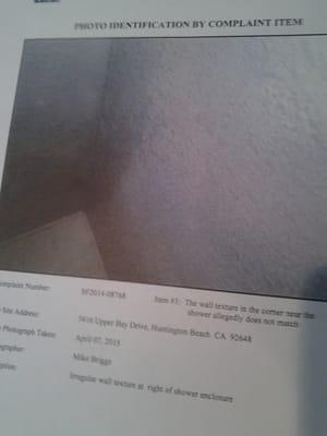 More irregular texture and excess splatter on bathroom walls. All photos from Inspection report