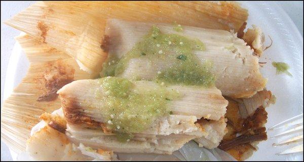 My order of two delicious beef tamales, after I'd unwrapped them from the corn husks.