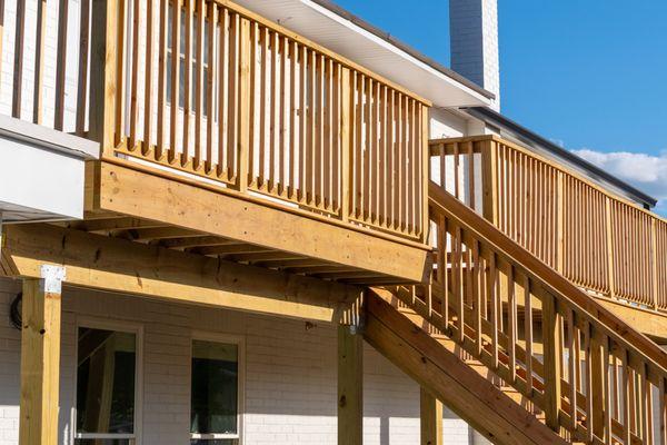 Replacement deck for old rotting wood deck. New stair, railing, flooring, built to code. R Contracting Services. Snellville.