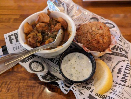 Very very old, bland pile of kale in no liquid; stuffed scallop