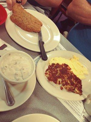 Country fried chicken, gravy on the side, eggs & hashbrowns