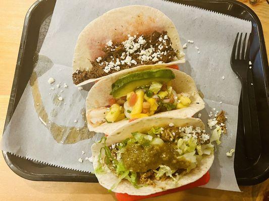 From top: Barbacoa Taco, Honey Garlic Shrimp Taco, Pollo Taco