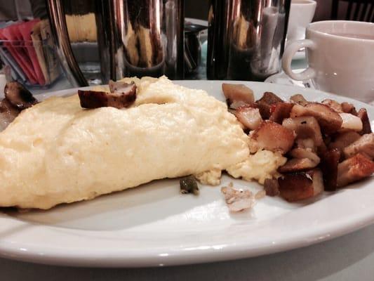 Omelet with mushrooms, spinach, onions, chicken sausage, and swiss cheese