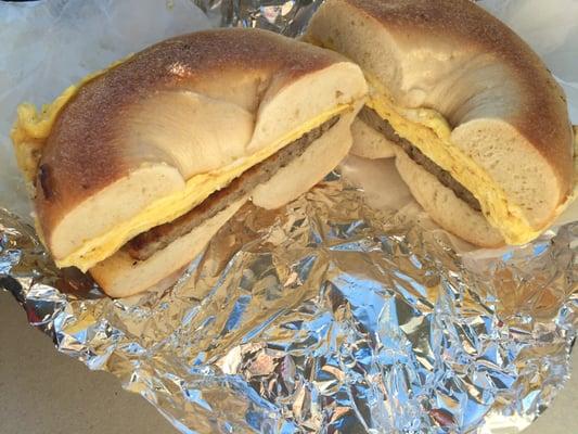 Breakfast sandwich with very good tasting sausage and a substantial bagel.