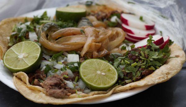 Platter of Carne Asada, Lengua, Cabeza and Birria tacos