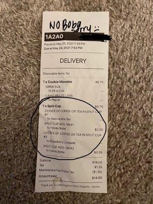 Receipt showing charge for boba