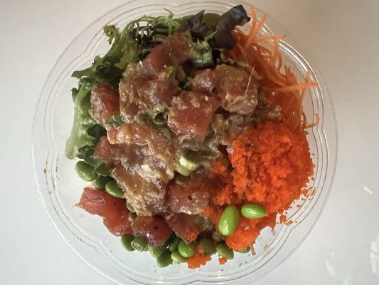 Build Your Own - Poke with tuna, rice, edamame, masago, spring mix, shredded carrots, and gluten free ginger miso