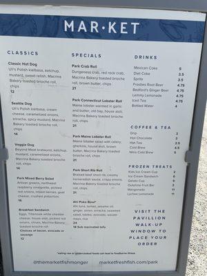 Menu - order at window and sit and eat or wander to a spot in the park to eat